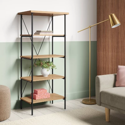 Wood And Metal Media Tower Bookcase Natural - Room Essentials™ 1 Wood And Metal Media Tower Bookcase Natural - Room Essentials™