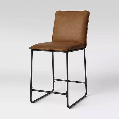 Upholstered Counter Height Barstool With Metal Frame Camel Faux Leather - Room Essentials™: Sledge-Style Legs, Padded Seat 2 Upholstered Counter Height Barstool With Metal Frame Camel Faux Leather - Room Essentials™: Sledge-Style Legs, Padded Seat - Image 2