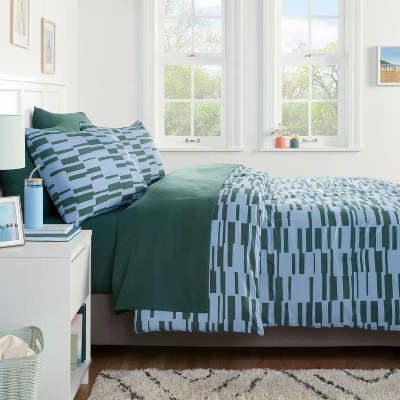 Foster Microfiber Reversible Comforter & Sheets Set Blue/Dark Green - Room Essentials™ 1 Foster Microfiber Reversible Comforter & Sheets Set Blue/Dark Green - Room Essentials™
